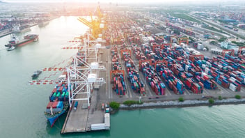 crane loading box container at port