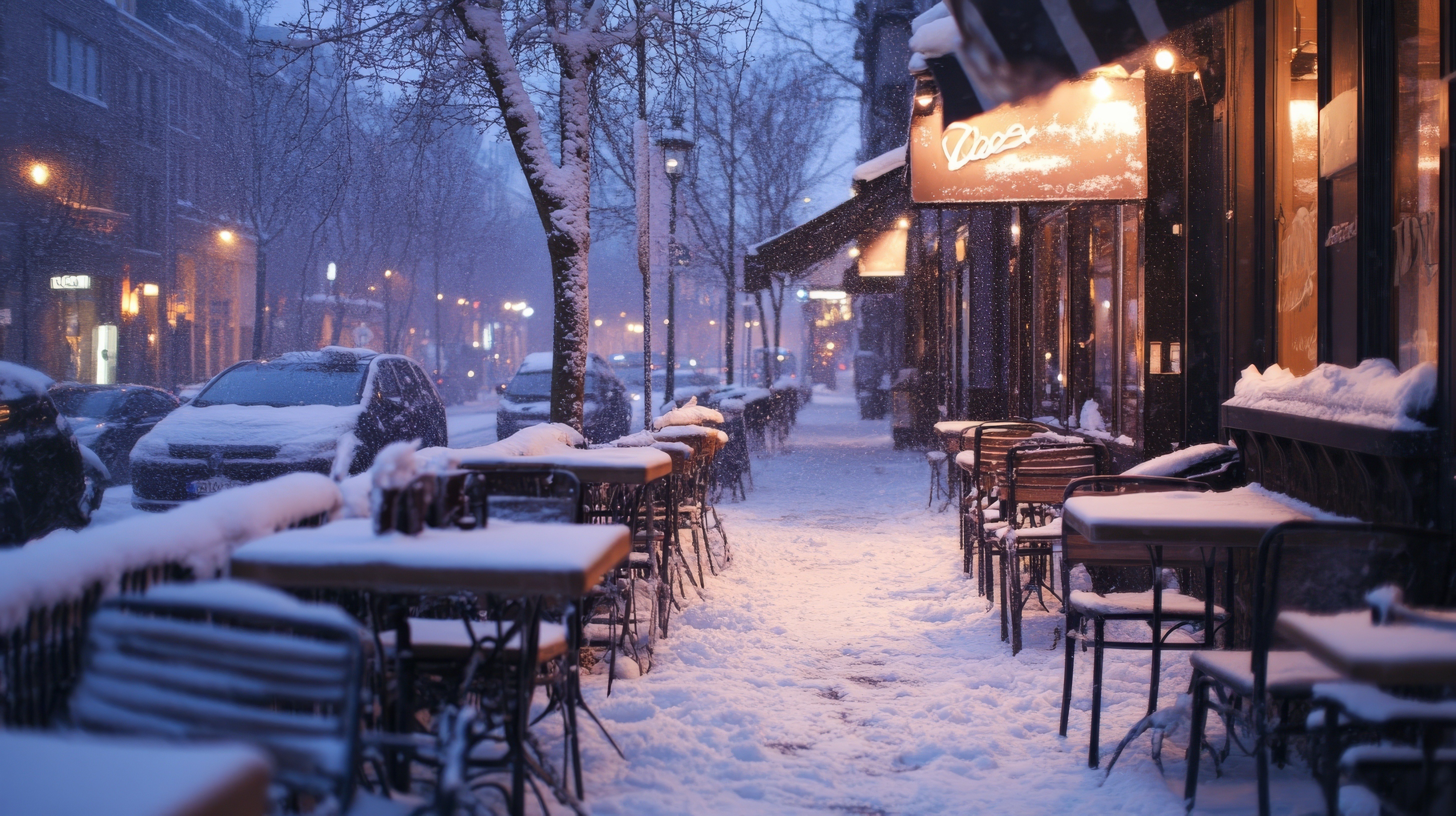 restaurant in winter weather with snow outside